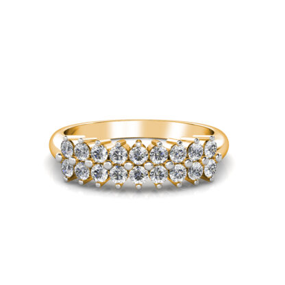Front view of yellow gold two row diamond cluster band