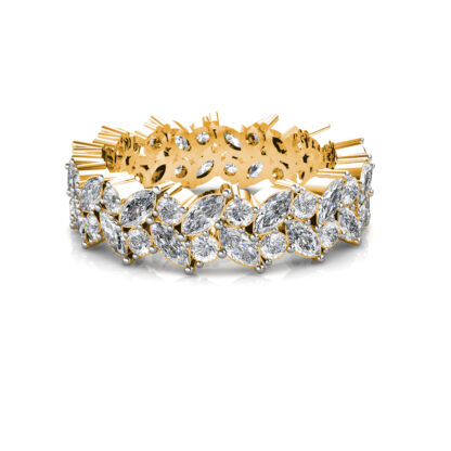 Front view of yellow gold double row marquise diamond leaf eternity band