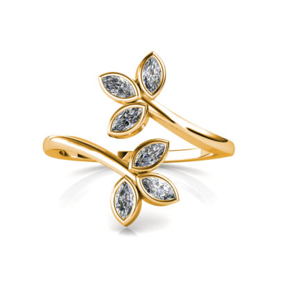 Front view of yellow gold marquise diamond twin leaf bypass ring