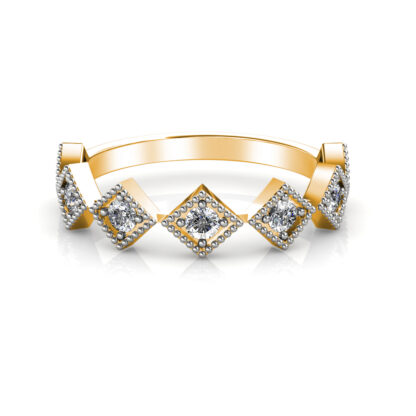 Front view of yellow gold milgrain kite frame diamond stacking band