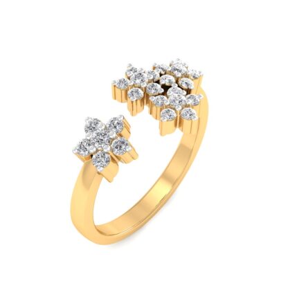 Perspective view of yellow gold open ring with two diamond flower clusters at the ends