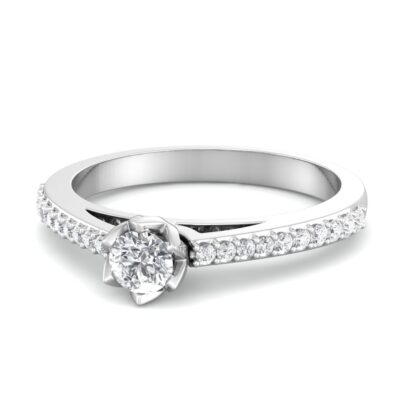 Angled view of white gold round diamond solitaire ring in a six-petal rose setting