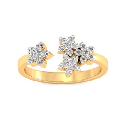 Front view of yellow gold open ring with a single diamond flower and a double diamond flower cluster