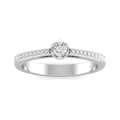 Front view of white gold rose setting solitaire with pave diamonds along the band