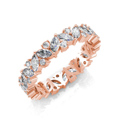 Perspective view of rose gold marquise diamond leaf eternity band