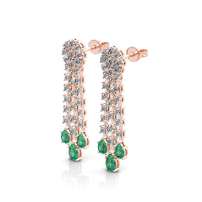 Perspective view of rose gold emerald diamond chandelier earring