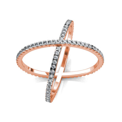 Perspective view of rose gold diamond criss-cross X ring