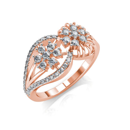 Perspective view of rose gold floral cluster bypass diamond cocktail ring