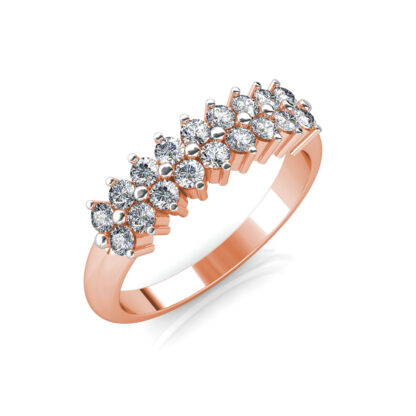 Perspective view of rose gold two row diamond cluster band
