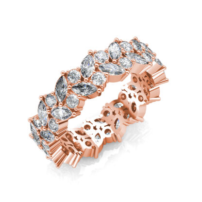 Perspective view of rose gold double row marquise diamond leaf eternity band