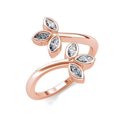 Perspective view of rose gold marquise diamond twin leaf bypass ring