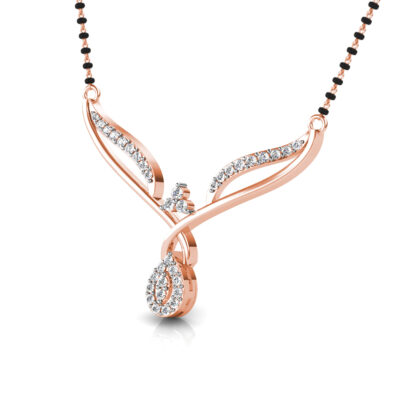 Perspective view of rose gold crossed leaf diamond mangalsutra pendant