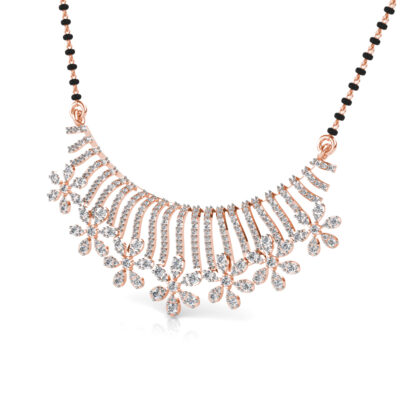 Perspective view of rose gold diamond sunburst mangalsutra pendant