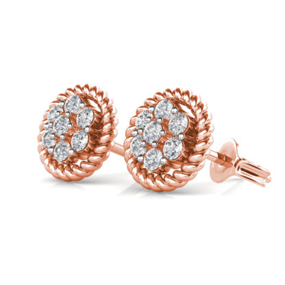 Perspective view of rose gold diamond flower cluster rope edge stud earring