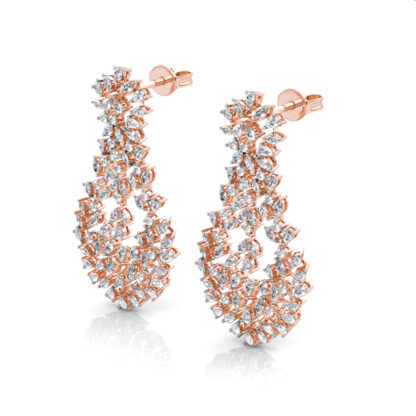 Perspective view of rose gold diamond chandelier earring