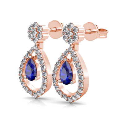 Perspective view of rose gold sapphire drop diamond halo stud earring