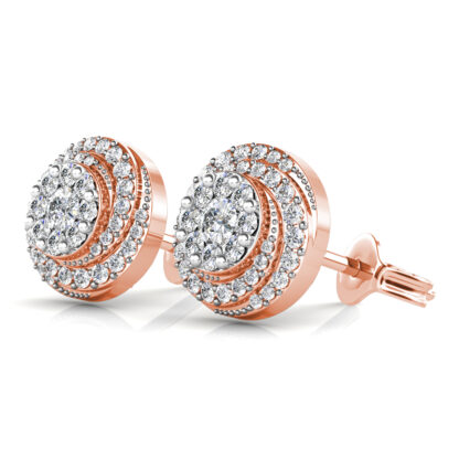 Perspective view of rose gold double halo diamond cluster stud earring