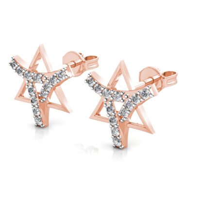 Perspective view of rose gold diamond star ribbon stud earring