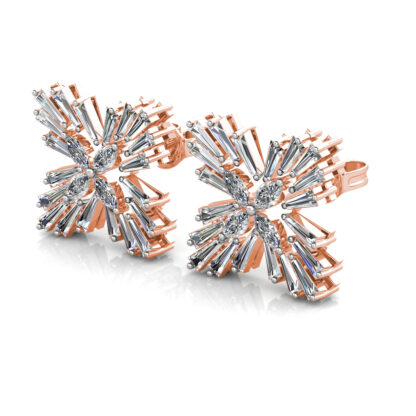 Rose gold baguette diamond starburst stud earrings, perspective view