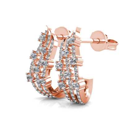 Rose gold multi-row diamond climber hoop earrings, perspective view