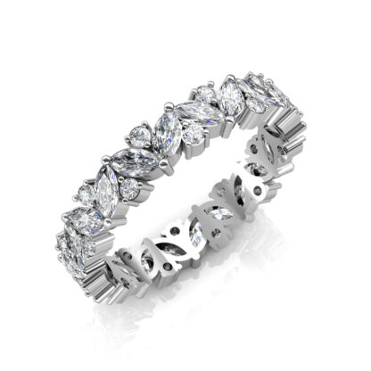 Perspective view of white gold or platinum marquise diamond leaf eternity band