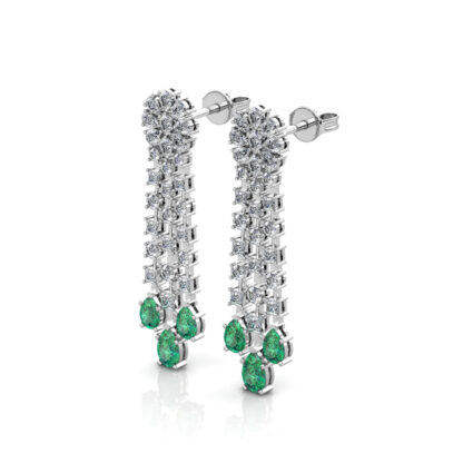 Perspective view of white gold emerald diamond chandelier earring