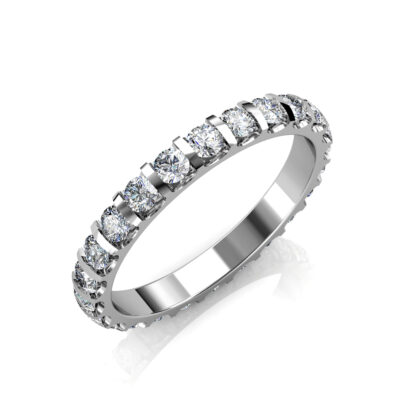 Perspective view of white gold or platinum bar-set diamond full eternity band