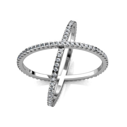 Perspective view of white gold or platinum diamond criss-cross X ring