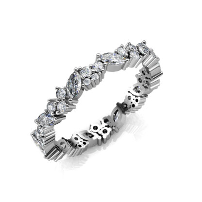 Perspective view of white gold or platinum marquise and round diamond cluster eternity band