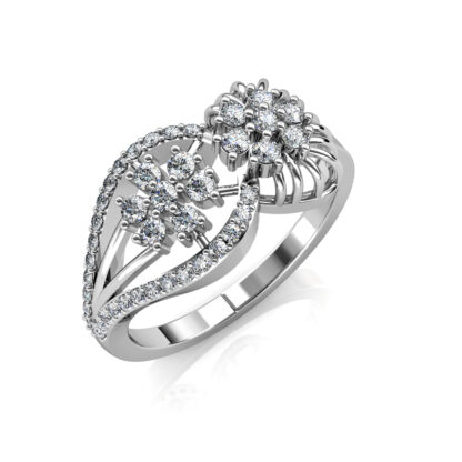 Perspective view of white gold or platinum floral cluster bypass diamond cocktail ring