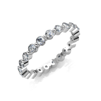 Perspective view of white gold or platinum individually set diamond eternity band