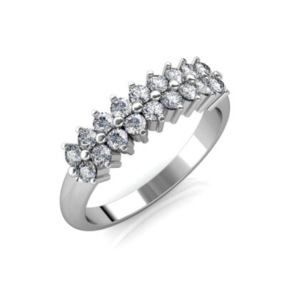 Perspective view of white gold or platinum two row diamond cluster band
