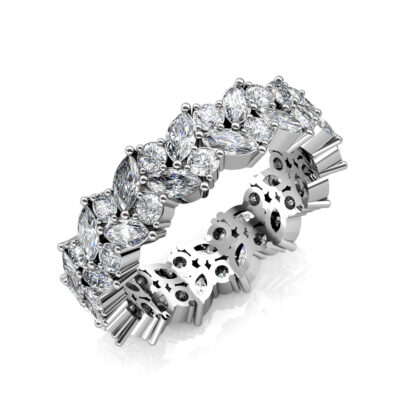 Perspective view of white gold or platinum double row marquise diamond leaf eternity band