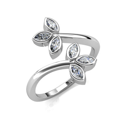 Perspective view of white gold or platinum marquise diamond twin leaf bypass ring