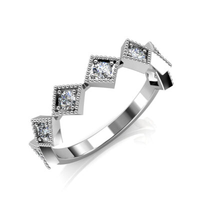 Perspective view of white gold or platinum milgrain kite frame diamond stacking band