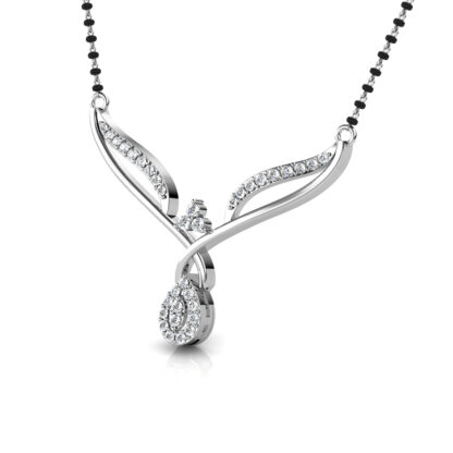 Perspective view of white gold or platinum crossed leaf diamond mangalsutra pendant