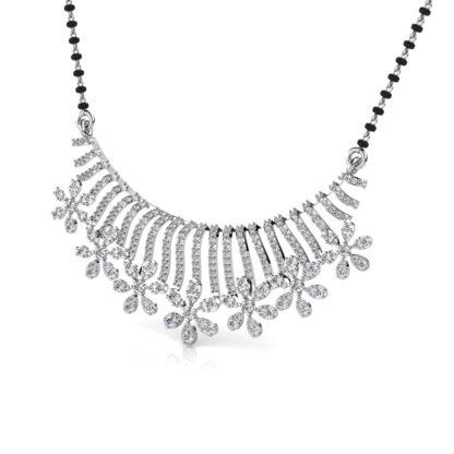 Perspective view of white gold or platinum diamond sunburst mangalsutra pendant