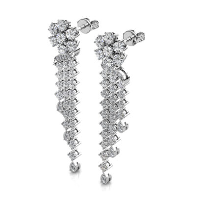 Perspective view of white gold or platinum diamond flower tassel drop earring