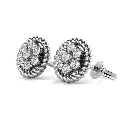 Perspective view of white gold or platinum diamond flower cluster rope edge stud earring