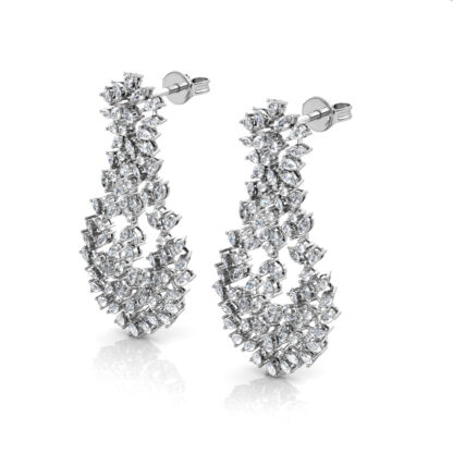 Perspective view of white gold or platinum diamond chandelier earring