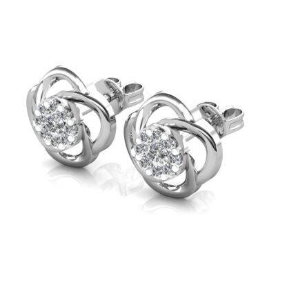 Perspective view of white gold or platinum swirl diamond cluster stud earring