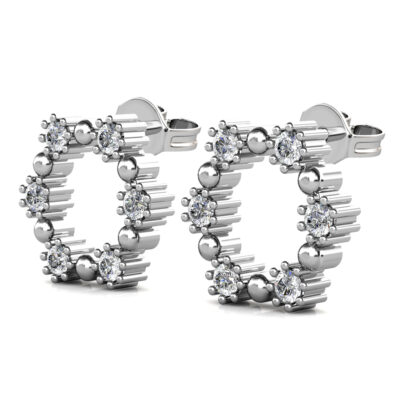 Perspective view of white gold or platinum open circle diamond wreath stud earring