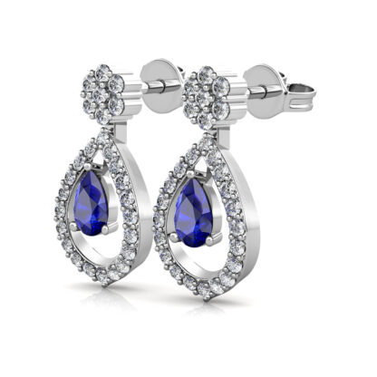 Perspective view of white gold or platinum sapphire drop diamond halo stud earring