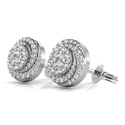 Perspective view of white gold or platinum double halo diamond cluster stud earring