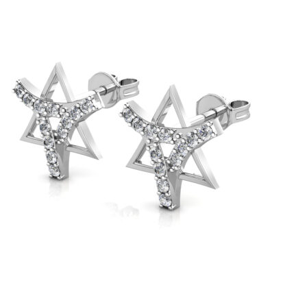 Perspective view of white gold or platinum diamond star ribbon stud earring