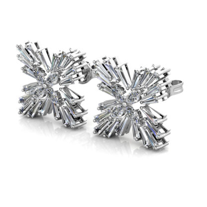 White gold baguette diamond starburst stud earrings, perspective view
