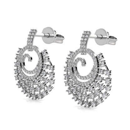 White gold diamond cluster drop earrings, perspective view