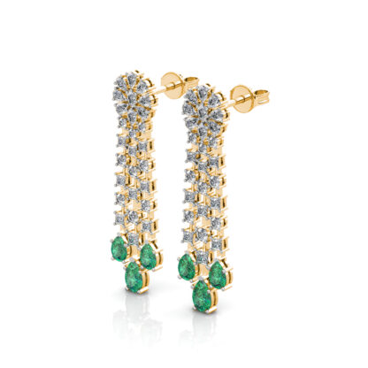 Perspective view of yellow gold emerald diamond chandelier earring