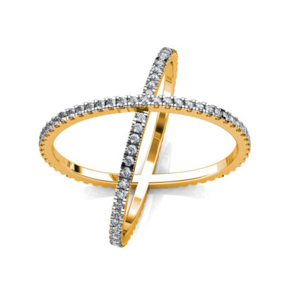 Perspective view of yellow gold diamond criss-cross X ring