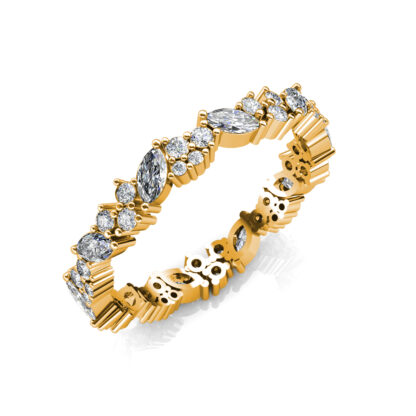 Perspective view of yellow gold marquise and round diamond cluster eternity band